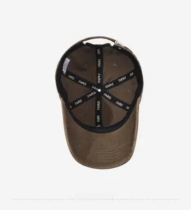 Detail view of the interior construction and brand webbing inside the brown baseball cap