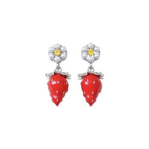 Elegant strawberry pendant earrings with pearls and crystals on a clean white background