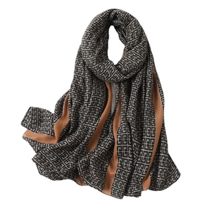 Elegant cotton linen feel scarf with geometric pattern and contrasting orange border