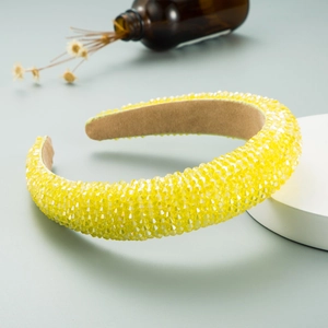Vibrant yellow crystal beaded headband with soft beige suede lining for women party style