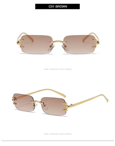 Close-up of frameless brown gradient sunglasses with gold metal temples and accents