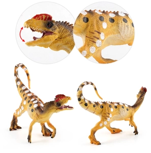 Detail of movable jaw and realistic skin texture on Dilophosaurus dinosaur toy model