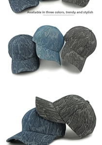 Detailed close-up showing textured feather pattern on denim-style baseball caps in three colors