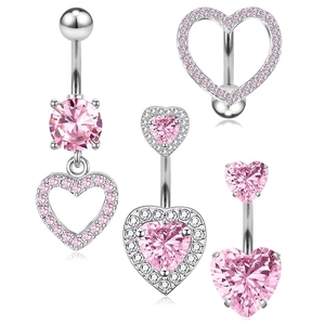 Stainless Steel Pink Rhinestone Heart Belly Button Rings For Women Silver Electroplated Bowknot Piercing Fashion Jewelry