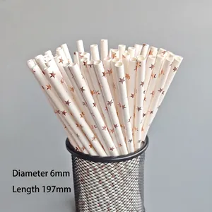 Detail of rose gold star pattern paper straws measuring 6mm diameter and 197mm length