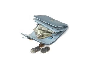 Detail of light blue PU leather tri-fold wallet showing multiple card slots and cash capacity