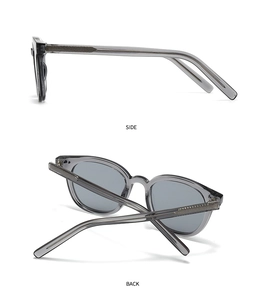 Detail view of retro translucent grey sunglasses showing the side and back frame texture