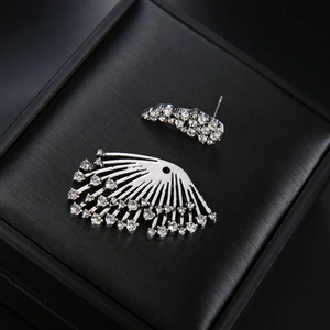 Sparkling silver leaf rhinestone ear jacket earrings set in a premium jewelry box