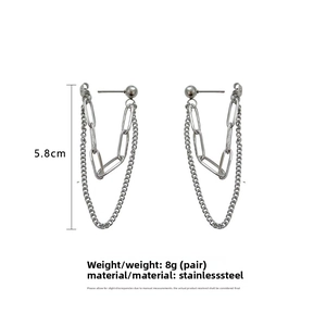 Detail view of 5.8cm double-layered stainless steel chain drop earrings for women