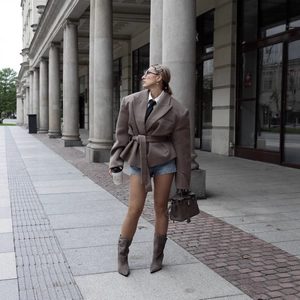 Women French Style Loose Herringbone Woolen Blazer With Belt Coffee Brown Lapel Long Sleeve Casual Outerwear Jacket Top