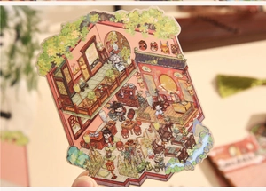 Close-up of 3D Chinese style scenery sticker showing detailed ancient pavilion and figures