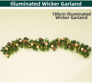Detailed view of 180cm Christmas garland with warm LED lights and golden ornaments