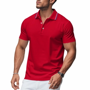Detail of red men's polo shirt featuring navy and white striped ribbed collar and buttons