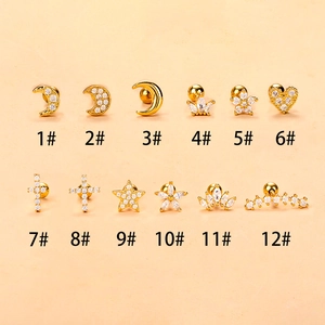Detailed set of 12 gold-plated stainless steel cartilage earrings with zircon moon and star