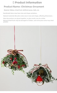 Detail of handcrafted Christmas ornaments featuring pine cones, berries and metal bells