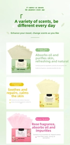 Detailed view of green tea, chamomile, and rose oil blotting papers with 100 sheets per pack