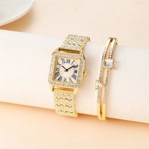 Women's gold square rhinestone watch with matching bracelet and blue Roman dial