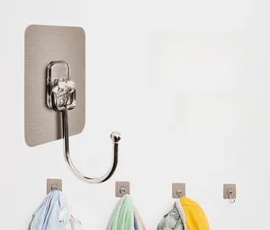 Detail showing oversized heavy-duty adhesive hook with brushed metal plate for bathroom