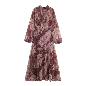 Paisley Print Chiffon Maxi Dress Bohemian Long Sleeve Stand Collar Pleated High Waist Elegant Swing Vacation Dress Women