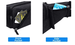 Detail of multi-pocket waist bag showing front and side storage for cards and tissues