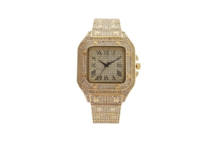 Detail shot of luxury square gold watch with crystal encrusted case and roman numerals