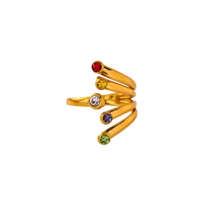 Spiral gold-plated ring featuring multi-layer band with colorful round cubic zirconia stones