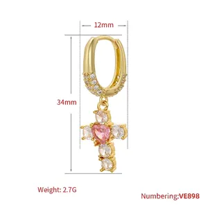 Luxury gold oval hoop earrings with pink heart cross pendant and white zircon inlay