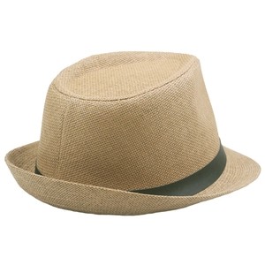 Detail of high-density straw weave texture on a fedora sun hat with a dark band