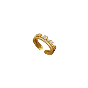 Adjustable gold open ring for women with alternating square and round cubic zirconia stones