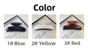 Detailed comparison of three acetate hair claws with colorful rhinestones in various shades