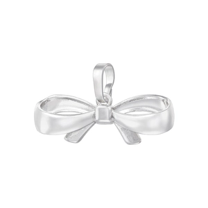 Close-up of a silver bow pendant with a polished finish and a geometric metal design