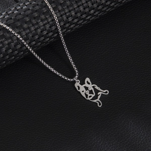 Minimalist silver stainless steel long necklace featuring a hollow pug dog pendant