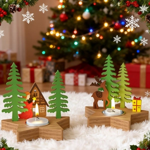 Star-shaped wooden Christmas candle holder with decorative tree and reindeer inserts