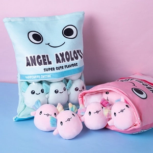 Cute snack bag plush pillow containing small stuffed axolotl toys in pink and blue colors