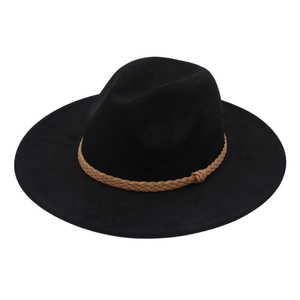 Classic black faux suede fedora with brown braided band and wide brim for outdoors