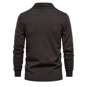 Back view of high-quality dark brown business knit cardigan sweater with ribbed cuffs
