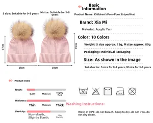 Detailed size chart for children knit hats featuring pink faux fur pom and stripe texture