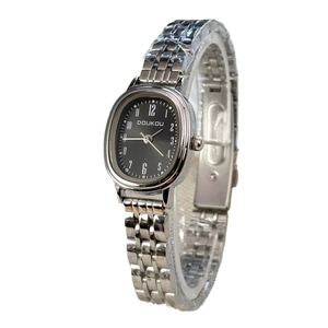 Minimalist women's quartz watch with oval black dial and silver stainless steel band