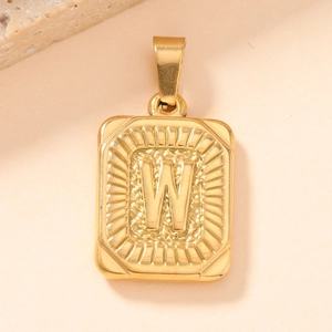 Golden square stainless steel pendant with embossed letter W and sunburst texture