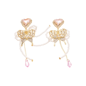 Sparkling butterfly pearl tassel earrings with pink heart crystals and silver needles