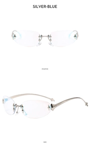 Detailed front and side views of silver-blue frameless Y2K star sunglasses for women