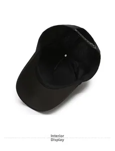 Detailed inner view of black baseball cap showing reinforced seams and sweatband