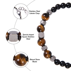 Men's titanium steel bracelet with natural tiger eye and obsidian beads on white background
