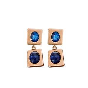 Vintage gold square pendant earrings with blue gemstone in a luxury retro design