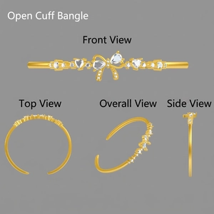 Adjustable gold-plated bow and heart bangle featuring cubic zirconia and 3D multi-angle views