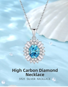 Macro detail of sunflower pendant with blue emerald-cut stone in S925 silver