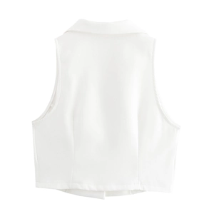 Back view of a white slim-fit vest showing smooth woven fabric and tailored back darts