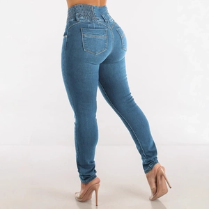 Women's high waist skinny blue jeans with stretch denim and butt-lifting back view design
