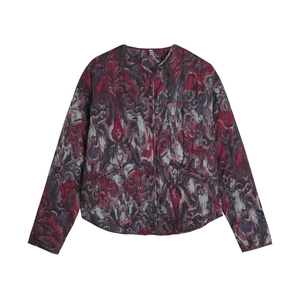 Women Quilted Jacket Ethnic Abstract Print Long Sleeve Round Neck Snap Button Retro Outerwear French Style Casual Top