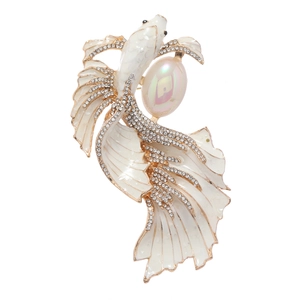 Vintage French style enamel koi fish brooch with white enamel and sparkling rhinestones